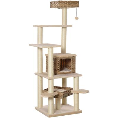 Rattan Kratzbaum mit Katzenhöhle Mehrstufiger Katzenbaum Kletterbaum für Katzen E1 mdf Sisal Image