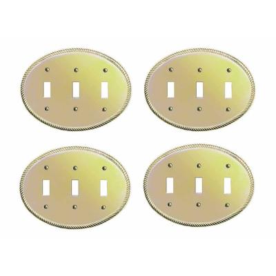 4 Solid Brass Triple Toggle Switchplate Oval Braided | Renovator's Supply