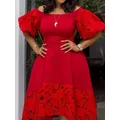 Robe rouge en dentelle ajourée pour femmes tenue de soirée élégante plissée grande taille