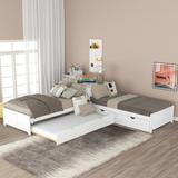Modern Pine L shaped Platform Bed with Trundle and Drawers Linked with built-in Desk,Twin, White