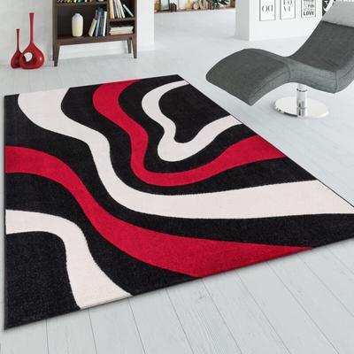 Designer Teppich mit Konturenschnitt Wellen Muster Rot Schwarz Weiss 60x110 cm - Paco Home Image
