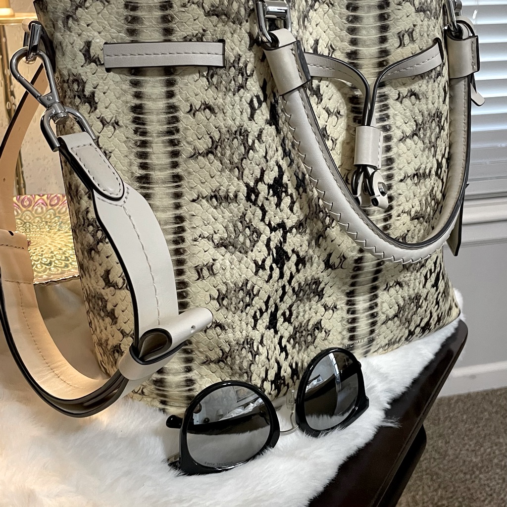 Michael Kors Bags | Authentic Leather Michael Kors Handbag + New Mk Sunglasses | Color: Black/White | Size: 10in Wide X 10in Tall.