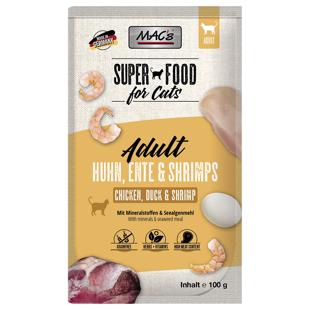 MAC's Cat in busta 24 x 100 g Alimento umido per gatti - Pollo, Anatra & Gamberetti