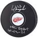 Lucas Raymond Detroit Red Wings Autographed Hockey Puck with "NHL Debut 10/14/21" Inscription