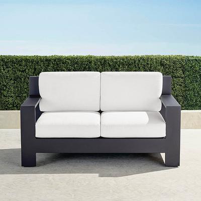 St. Kitts Loveseat with Cushions in Matte Black Aluminum - Standard, Glacier - Frontgate