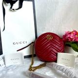 Gucci Bags | Gucci Gg Marmont Round Shoulder Calfskin Matelasse Red Leather Crossbody Bag | Color: Red | Size: 7"L X 2.25"W X 7"H