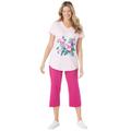 Plus Size Women's Two-Piece V-Neck Tunic & Capri Set by Woman Within in Pink Tropical Placement (Size L)