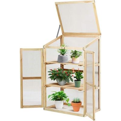 Goplus - Frühbeet aus Massivholz, Transparentes Hochbeet, Gewaechshaus mit oeffbarem Image
