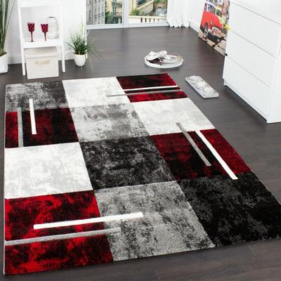 Designer Teppich Modern mit Konturenschnitt Karo Muster Grau Schwarz Rot 60x110 cm - Paco Home Image