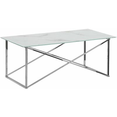 Couchtisch Weiß Silber 50 x 100 cm Glasplatte Beinen aus Edelstahl Poliert Marmoroptik Luxuriös