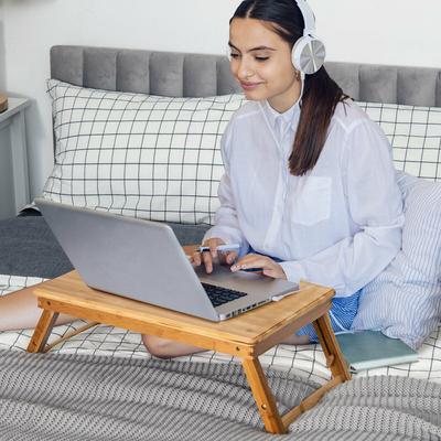 Gymax Bamboo Laptop Desk Adjustable Folding Bed Tray w/Drawer Heat