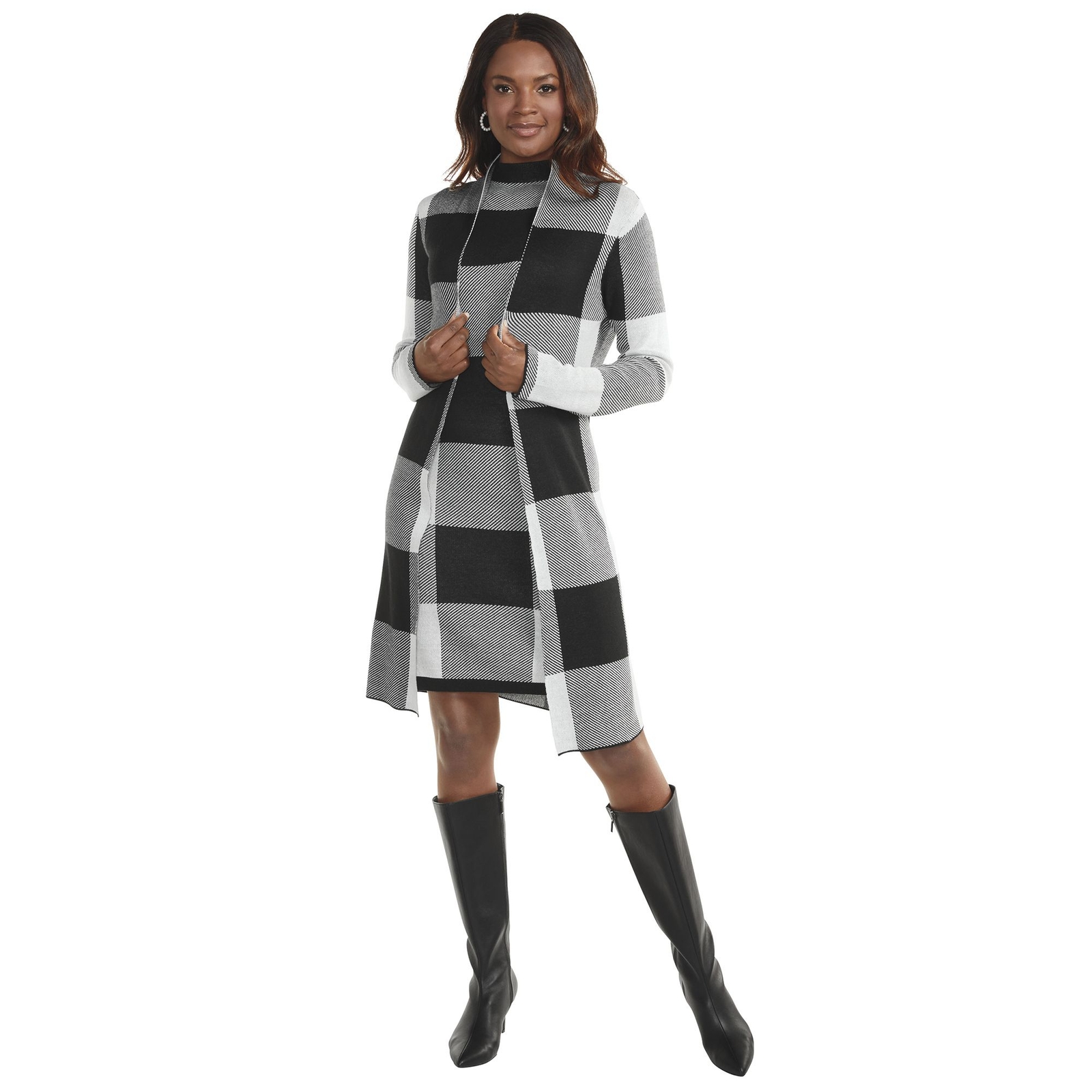 Masseys Sweater Dress & Jacket Set (Size M) White-Black Plaid, Acrylic,Cotton
