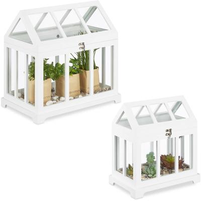 Relaxdays - Mini Gewächhaus, 2er Set, für die Fensterbank, Indoor Treibhaus, Glas und mdf, Kräuter,