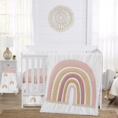 Boho Rainbow Girl 4pc Nursery Crib Bedding Set - Blush Pink Dusty Rose Gold Yellow Mauve Taupe Beige Bohemian Star Sun Celestial