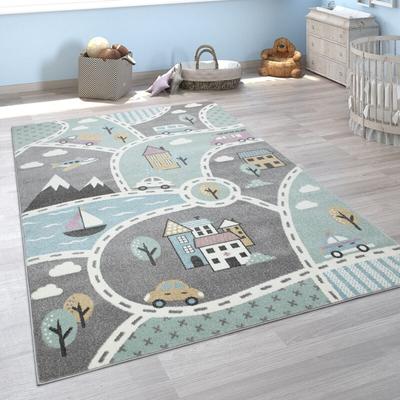 Kinder-Teppich Mit Straßen-Motiv, Spiel-Teppich Für Kinderzimmer, In Grün Grau 140x200 cm - Paco