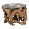 Table basse en verre pieds racine bois