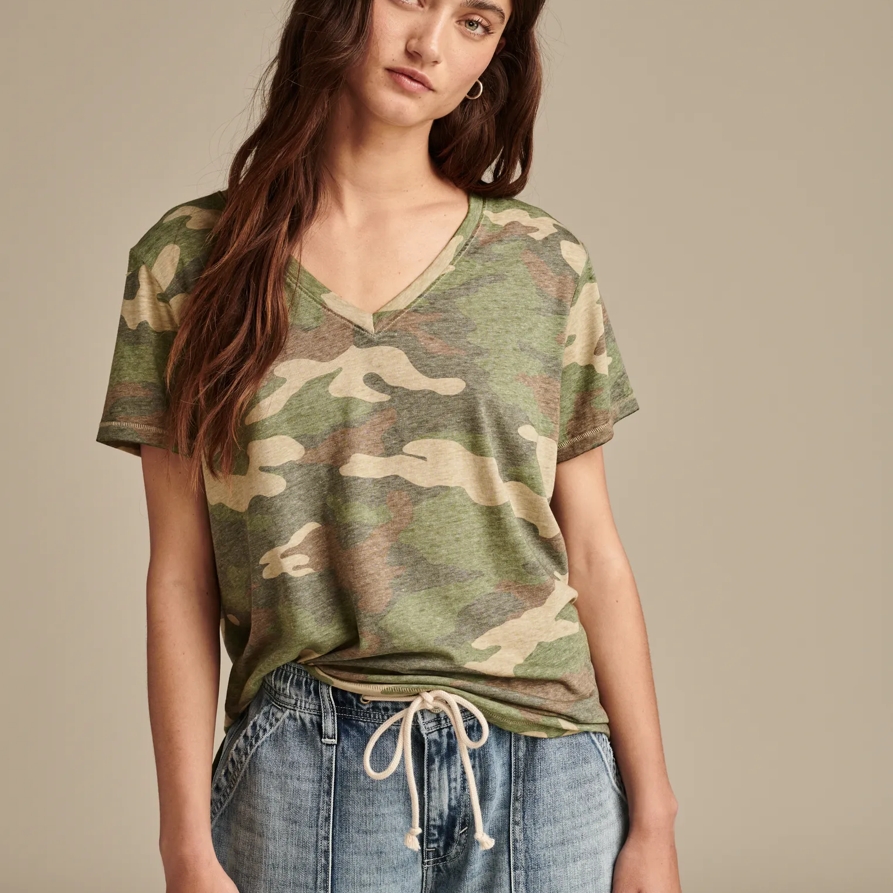 Lucky Brand Classic V-Neck - Women's Clothing V Neck Tops Tee Shirts in Green Camo, Size L