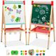 NUKied Kids Easel Double Sided Toddler Wooden Easel Chalkboard Whiteboard Wooden Art Easel Height Adjustable with Paper Roller Accessories Storage Tray