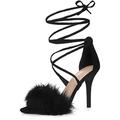 Allegra K Women's Lace Up Heels Faux Fur Stiletto High Heel Sandals Black 5 UK/Label Size 7 US