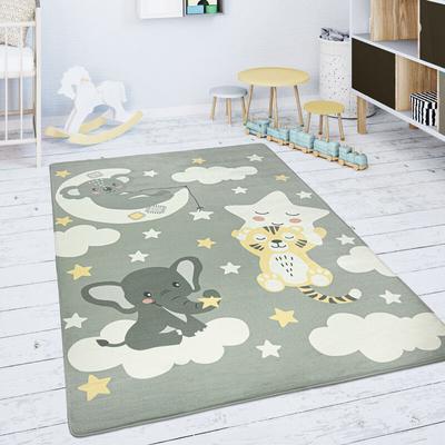 Paco Home Kinderteppich Teppich Kinderzimmer Spielmatte Rutschfest Stern Wolke Mond Grau Weiß 80 cm