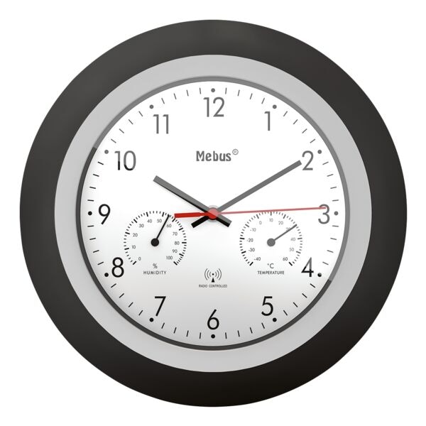 Mebus Funk-Wanduhr mit Thermometer und Hygrometer 19449 Ø 30 cm schwarz schwarz Image