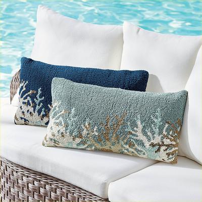 Marina Coral Hooked Lumbar Pillow - Aqua - Grandin...
