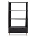 Kalien Modern and Contemporary Dark Brown Wood Leaning Bookcase with Display Shelves and Two Drawers - 62.4"H x 35.1"W x 15.21"L