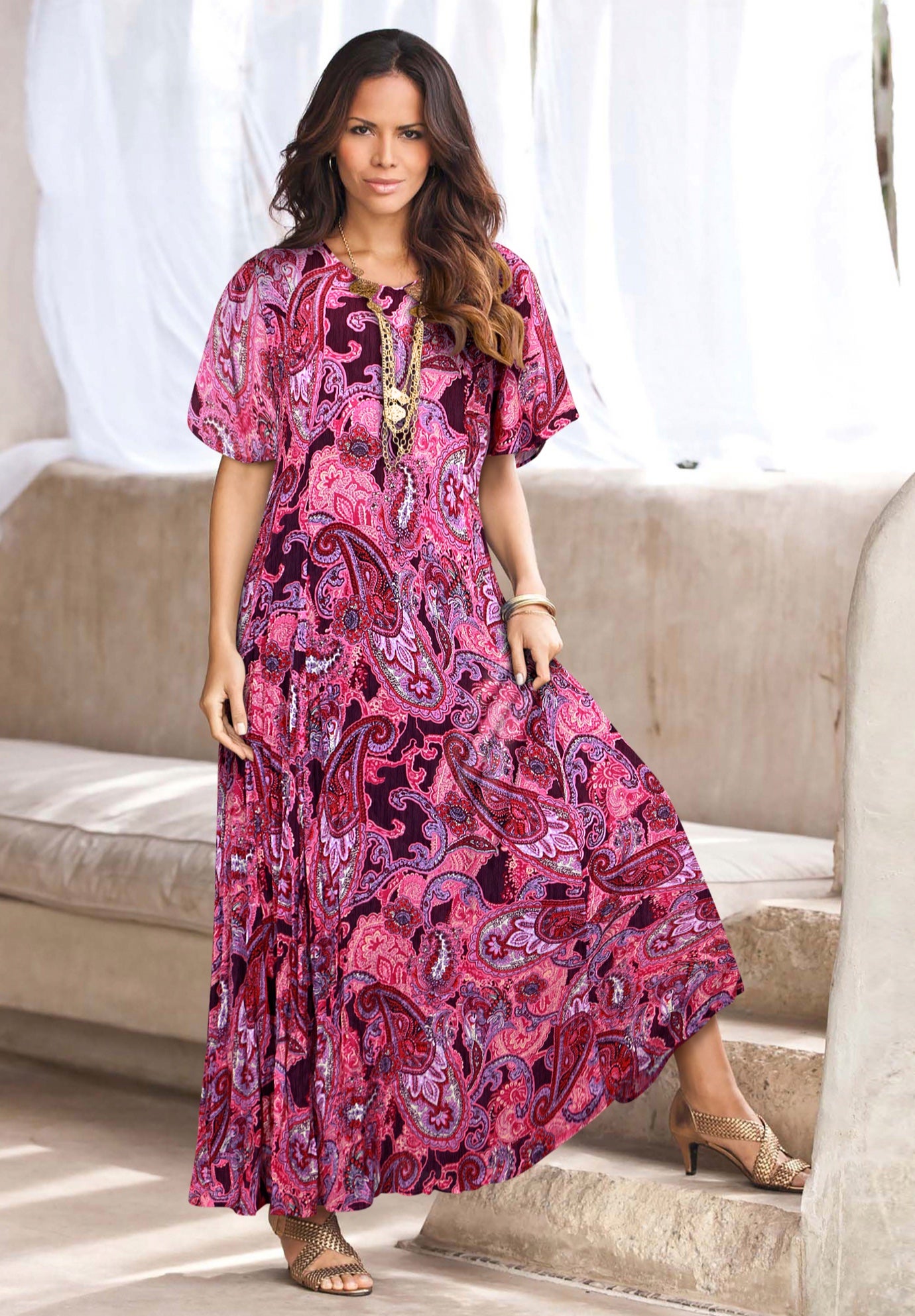 Plus Size Women's Plus Size Hand Crinkled Flutter-Sleeve Maxi Dress by Roaman's in Raspberry Mixed Paisley (Size 38/40)