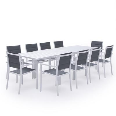 Salon de jardin table 132/264cm en aluminium blanc et gris
