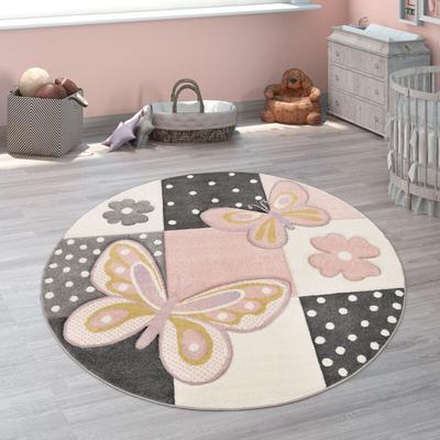 Paco Home - Kinder Teppich Kinderzimmer Bunt Rosa Schmetterlinge Karo Muster Punkte Blumen ø 120 cm