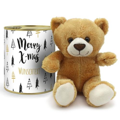 Personalisierte Geschenkdose - Teddybär (Motiv: Merry X-Mas)