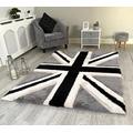 NEW BLACK GREY CREAM UNION JACK FLAG DESIGN LUXURIOUS THICK PILE RUG MODERN SOFT SILKY CONTEMPORARY SHAGGY RUGS MATS UK (80x150cm)