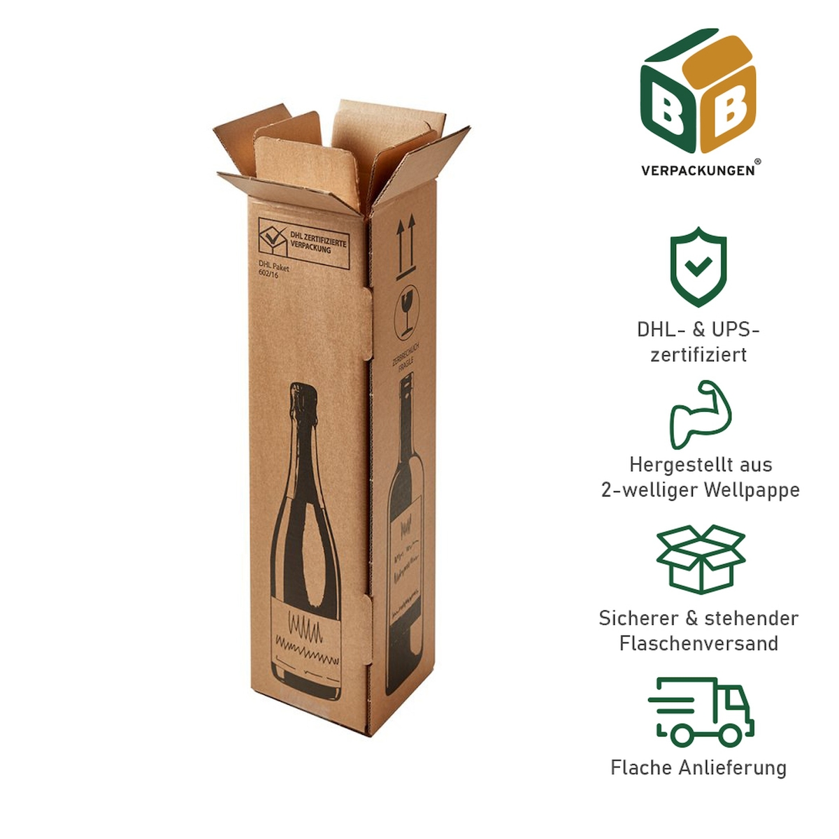 BB-Verpackungen 10 x Flaschenversandkarton für eine Flasche Wein/ Sekt (105 x 105 x 420 mm) PTZ-Zulassung für DHL und UPS Image