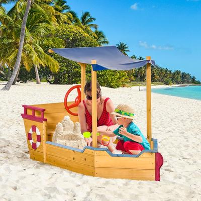 Outsunny Pirate Ship Kids Sandbox with Cover, Outdoor Wooden Sandbox Boat Toy for Backyard, Ages 3-8 Years Old - N/A