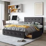 Upholstered Platform Bed with Classic Headboard and 4 Drawers, No Box Spring Needed, Linen Fabric, Queen Size