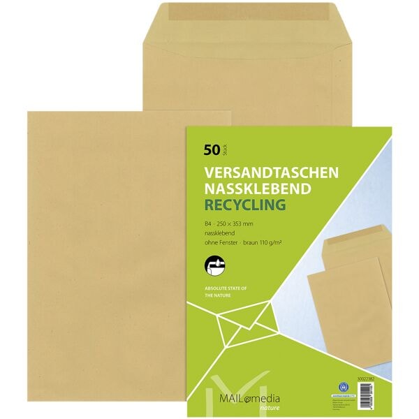 Mailmedia 50er-Pack Versandtaschen »Recycling« B4 ohne Fenster braun nassklebend braun, 35.3x25 cm