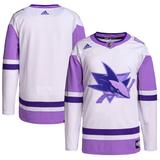 Men's adidas White/Purple San Jose Sharks Hockey Fights Cancer Primegreen Authentic Blank Practice Jersey