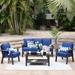 OVIOS 4-piece Outdoor Steel Frame Ottoman Wicker Solid Pattern Cushion Sectional Set Glass Table