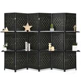 6 Panel Folding Weave Fiber Room Divider with 2 Display Shelves - 95" x 71" (L x H)