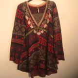 Free People Sweaters | Free People V-Neck Patterned Sweater Tunic With Embroidery | Color: Purple/Red | Size: S
