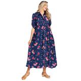 Plus Size Women's Roll-Tab Sleeve Crinkle Shirtdress by Woman Within in Evening Blue Wild Floral (Size 14 W)