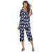 Plus Size Women's Printed Henley Capri Set by Roaman's in Navy Ikat Medallion (Size 26/28) Matching Jersey T-Shirt and Capri Pants