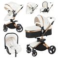 3 in 1 Baby Travel System Pushchair Baby Stroller Portable Travel Baby Carriage Folding Baby Prams Aluminium Frame High Landscape Car for Newborn Babyboomer Poussette (White)