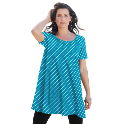 Plus Size Women's Scoopneck Swing Ultimate Tunic by Roaman's in Deep Turquoise Bias Stripe (Size 38/40) Long Shirt