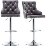 Gray Tufted Upholstered Dining 25" - 33" Adjustable High Back Stool Bar Chairs, Nailhead Trim Set of 2