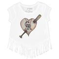 Girls Youth Tiny Turnip White Colorado Rockies Heart Bat Fringe T-Shirt