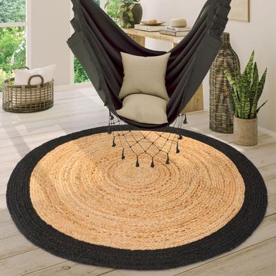 Teppich Rund Wohnzimmer Jute Boho Ethno Muster Modern Handgefertigt Naturteppich Schwarz, 80 cm Image