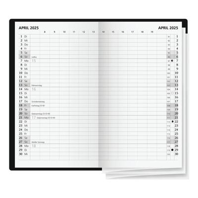 Taschenkalender 2025, 2 Seiten = 1 Monat schwarz, Glocken, 8.7x15.3x0.4 cm