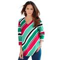 Plus Size Women's Diagonal Stripe V-Neck Tee by Roaman's in Soft Jade Multi (Size 3X) Shirt