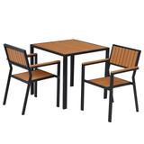 Kinsunny 3 Piece Patio Dining Set, Steel Frame Wooden Dining Set, 2 Wooden Chairs & Square Table